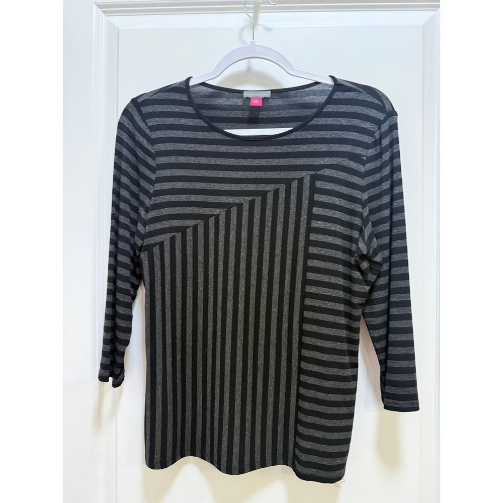 Vince Camuto Womens PM Black Grey Multi Directional Striped 3/4 Sleeve Top